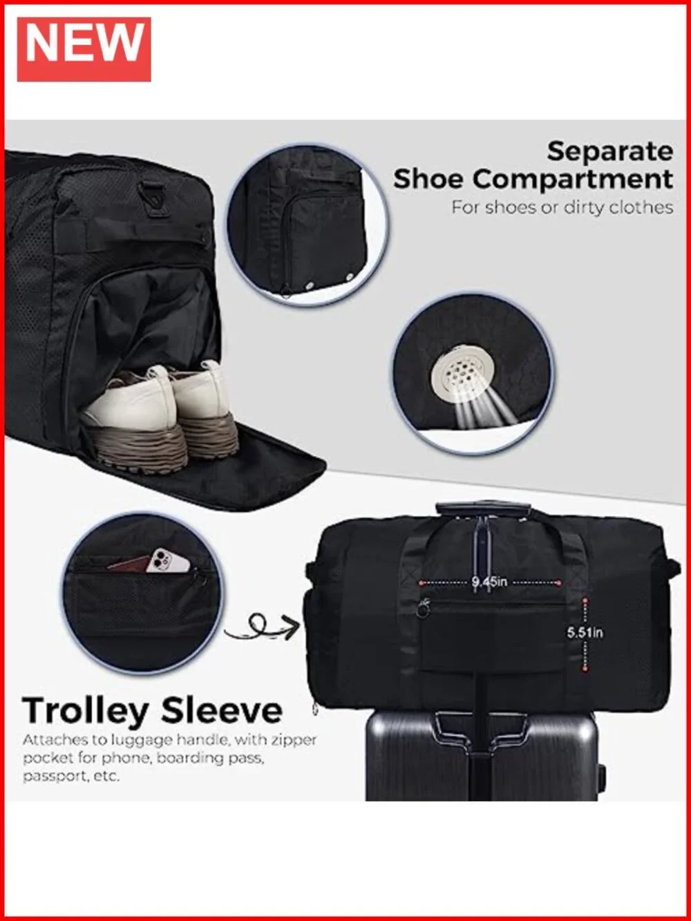 65L Foldable Travel Duffel Bag with Shoe Compartment, Water Repellent